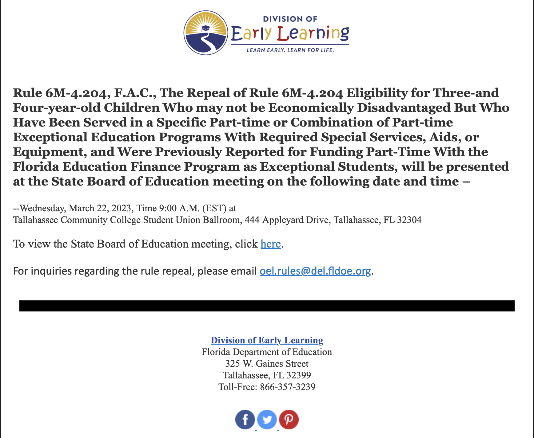 Communication from Division of Early Learning (DEL) Early Learning